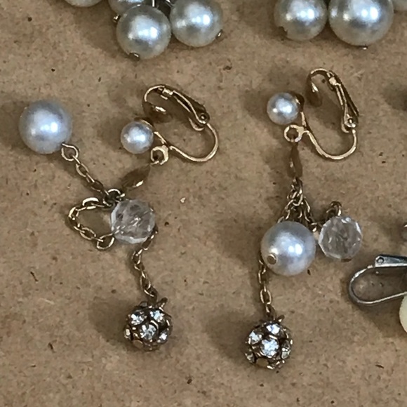 Lot of 3 Vintage Pearl Rhinestone Moonglow Clip-On Earrings Dangle Cluster - Picture 2 of 11
